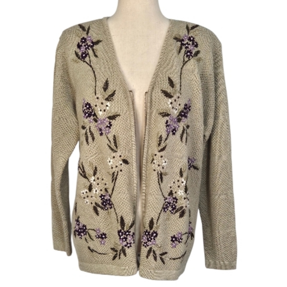 Alfred Dunner Floral Embroidered Textured Knit Zip Cardigan Sweater M - Picture 4 of 11
